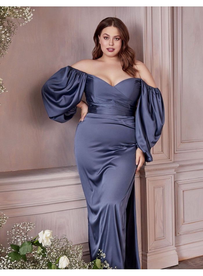 Long satin party dress with multi-position long sleeves