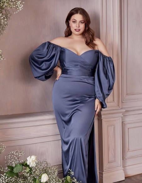 Long satin party dress with multi-position long sleeves