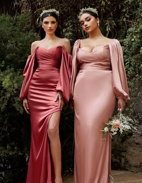 Long satin party dress with multi-position long sleeves