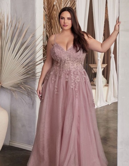 Long party dress with tulle and embroidered flower bodice