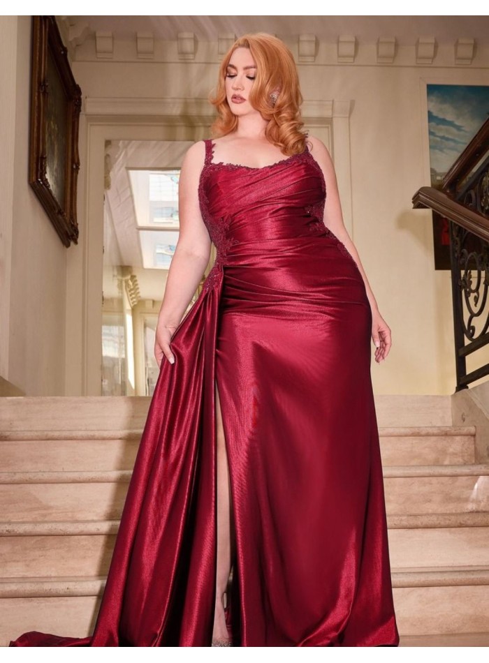 Long satin ball gown with bodice and draped train