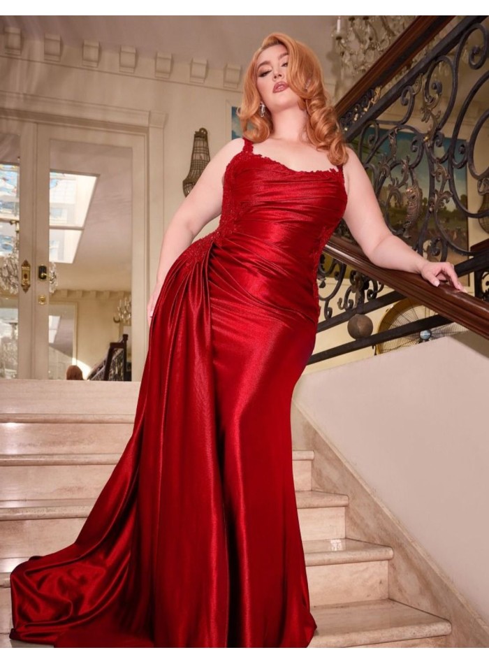 Long satin ball gown with bodice and draped train