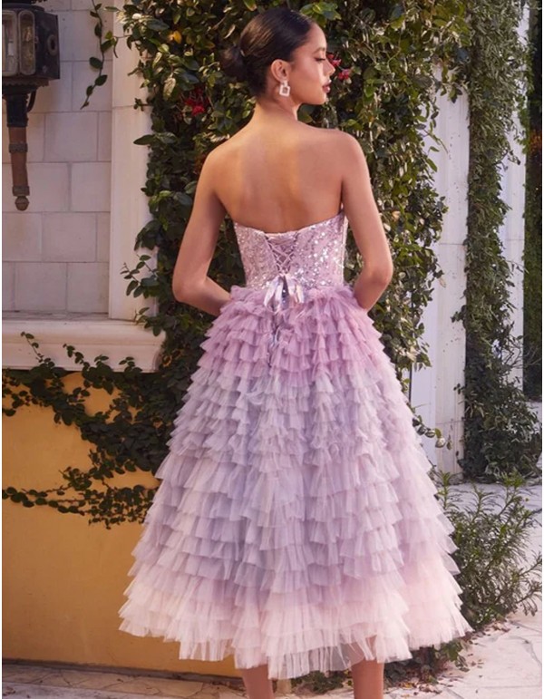 Vestido de fiesta midi con corpiño de pedrería y falda con volantes de tul 2
