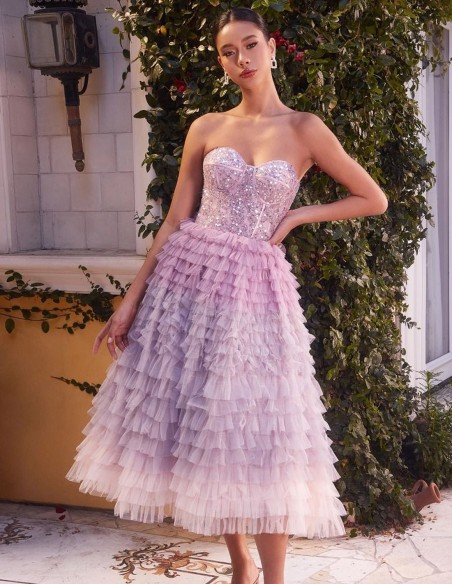 Vestido de fiesta midi con corpiño de pedrería y falda con volantes de tul Vestido de fiesta midi con corpiño de pedrería y falda con volantes de tul
