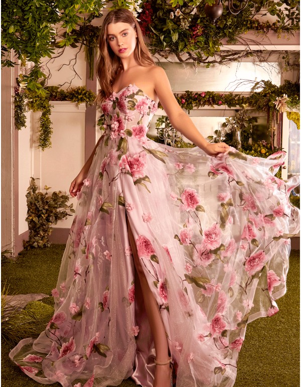 Robe de bal en organza floral sans bretelles avec fleurs