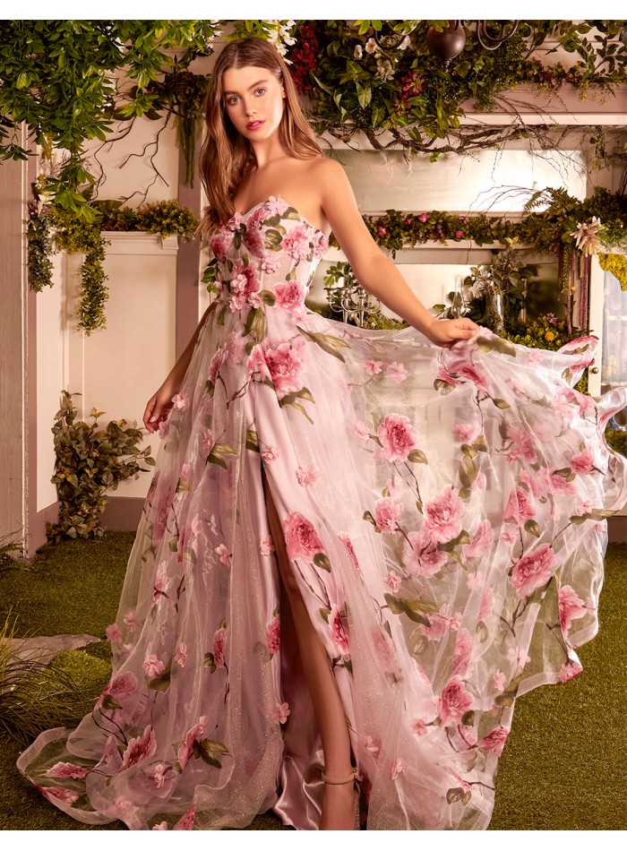 Floral organza strapless ball gown