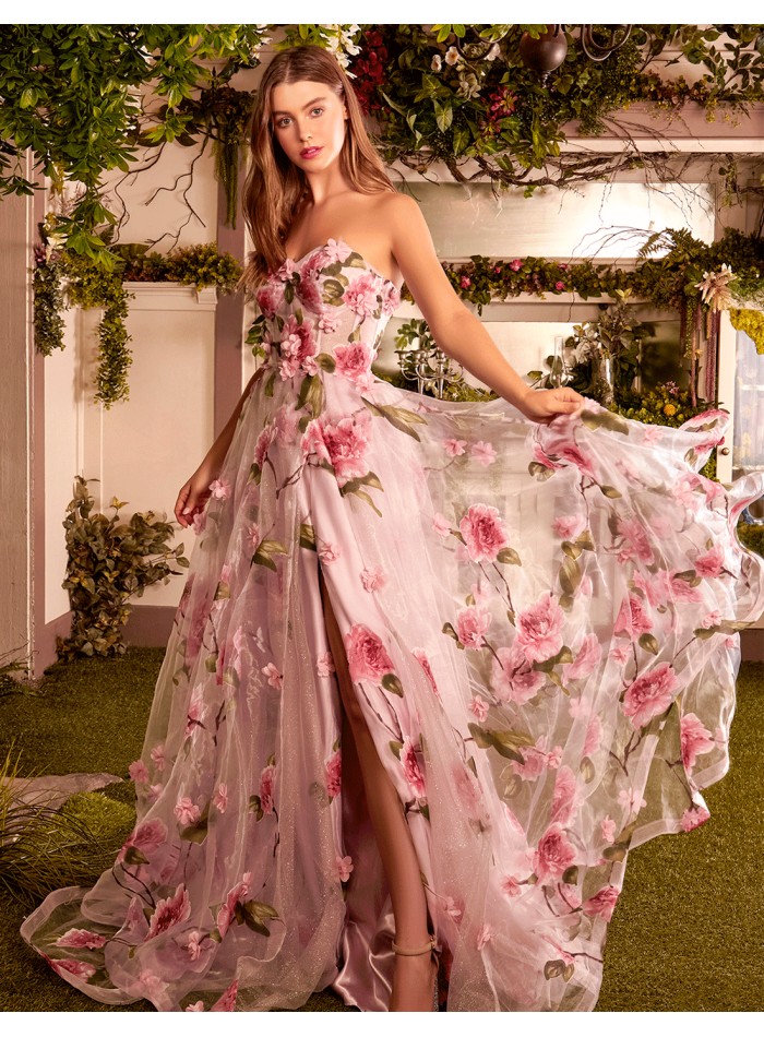 Robe de bal en organza floral sans bretelles avec fleurs