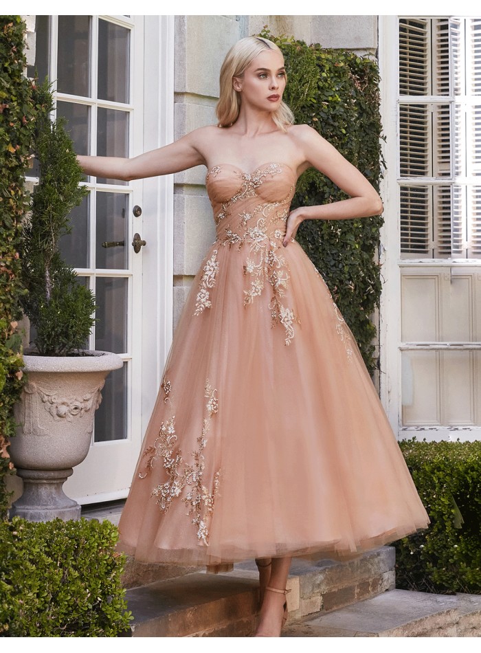 Robe de soirée midi en tulle nude avec perles et broderies