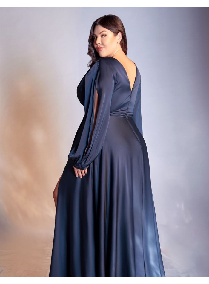 Robe longue de fête en satin avec manches longues fendues