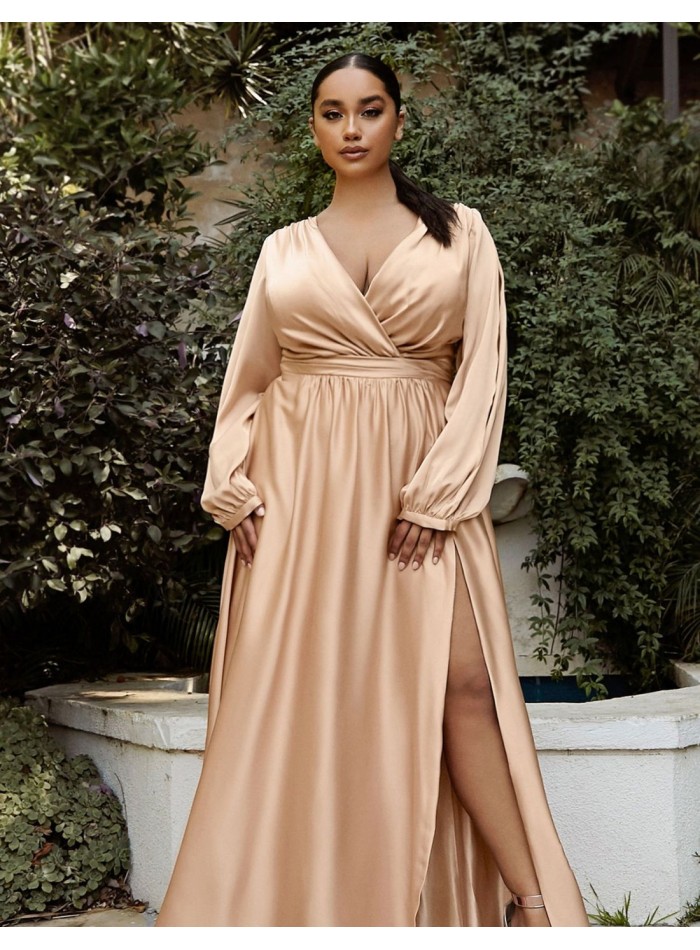 Long satin party dress with slashed long sleeves