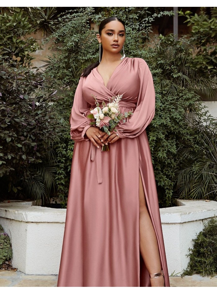 Long satin party dress with slashed long sleeves