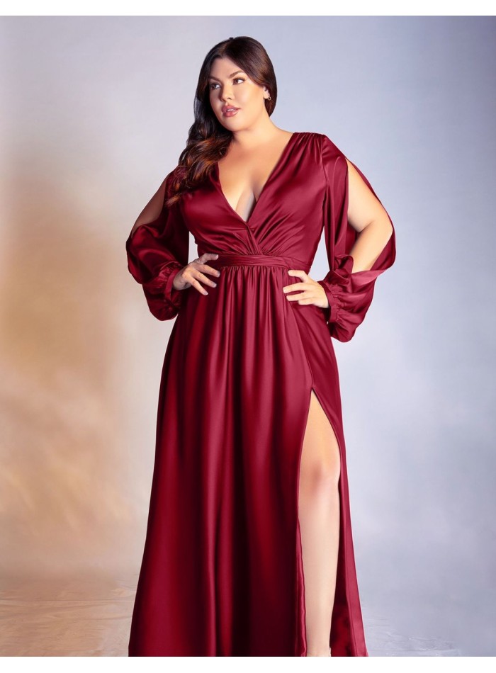 Robe longue de fête en satin avec manches longues fendues