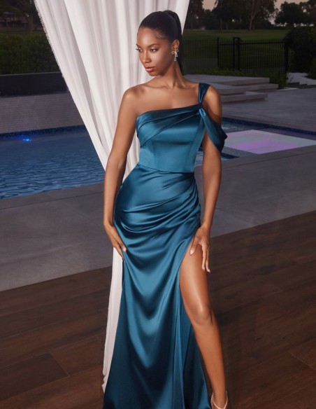 Long satin party dress with corset and double straps