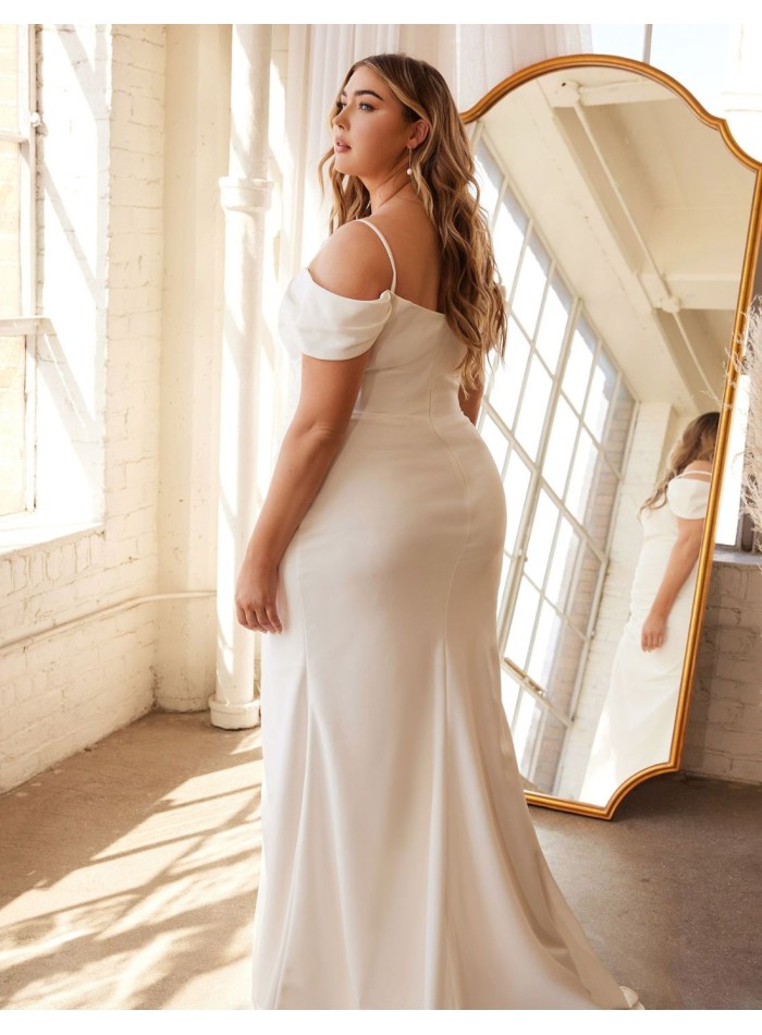 Long wedding dress with draped bandeau neckline