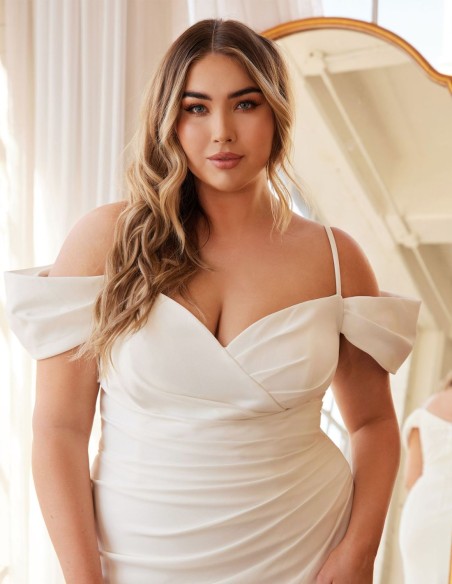 Long wedding dress with draped bandeau neckline