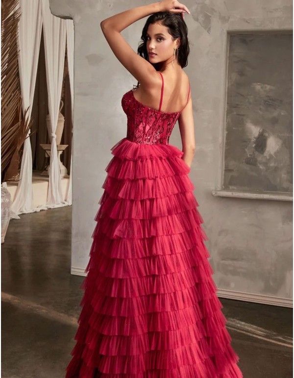 Vestidos largos de chiffon con tirantes de encaje y lazo de cinturón Sandía Tallas Grandes