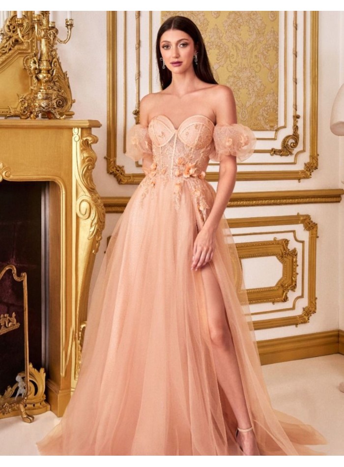 Robe longue de fête en tulle avec corset et détails floraux