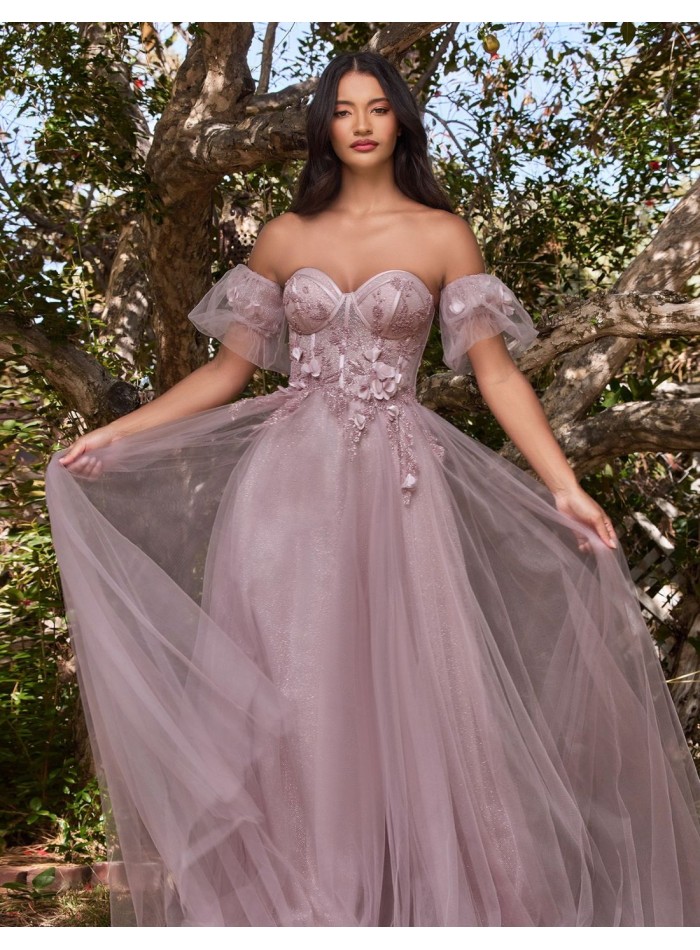 Long tulle party dress with corset and floral details