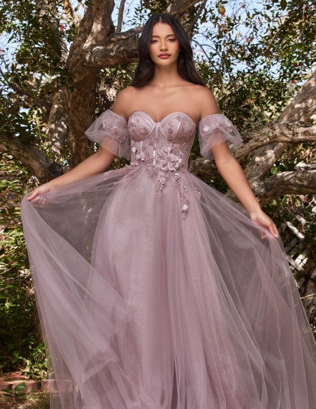 Vestido largo de fiesta de tul con corsé y detalles florales