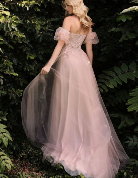 Vestido largo de fiesta de tul con corsé y detalles florales