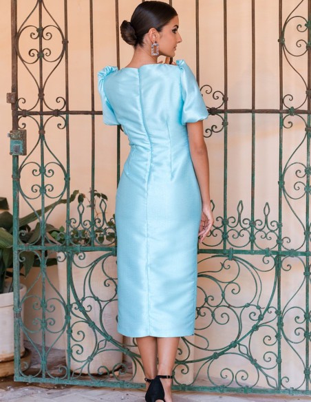 Vestido midi de fiesta con escote asimétrico y manga corta farol