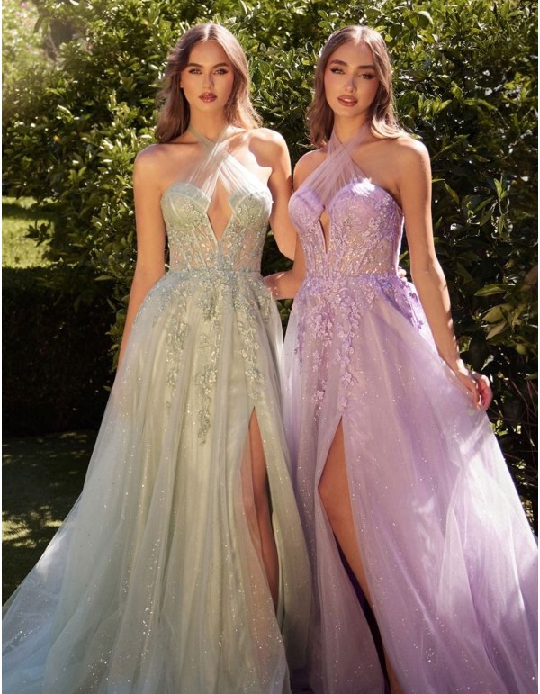 Vestido de fiesta largo con escote cruzado y bordados