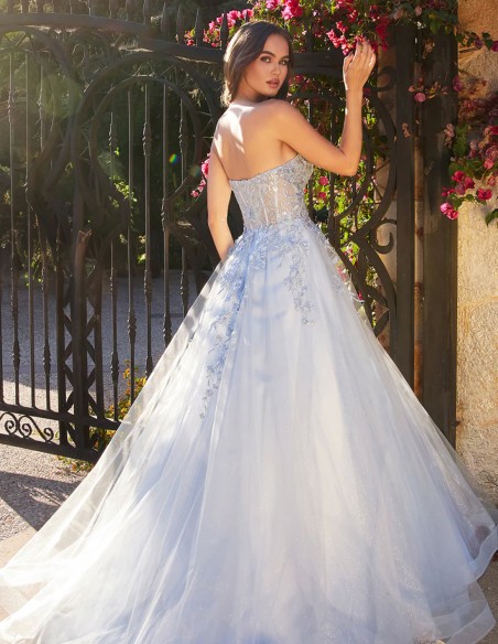 Vestido de fiesta largo con corpiño y bordados de encaje azul Vestido de fiesta largo con corpiño y bordados de encaje azul