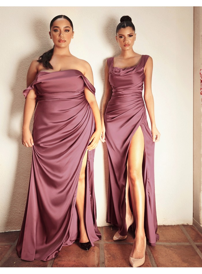 Satin long gown with Bandeau neckline and draped bodice