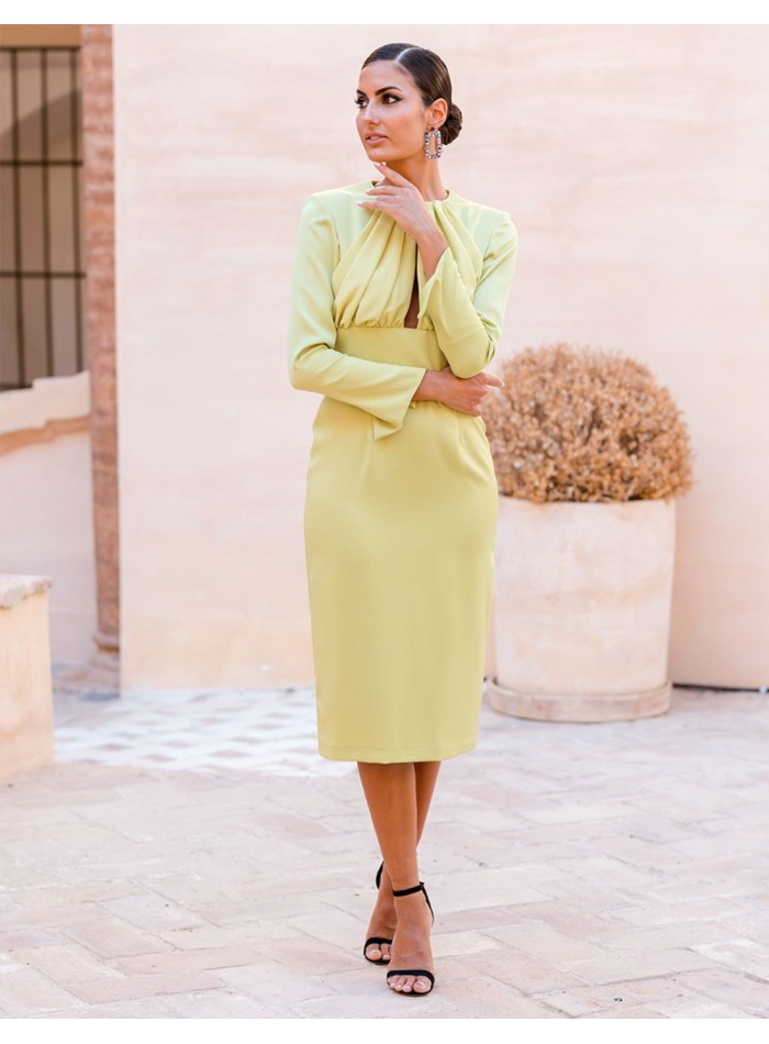 Midi party dress with long sleeves and teardrop neckline