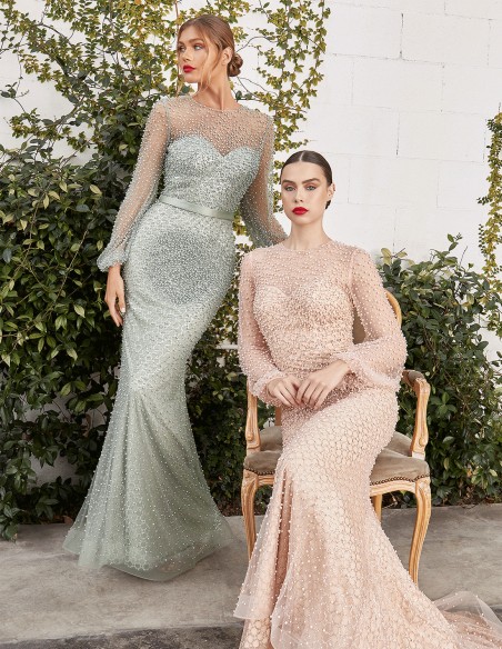 Vestido de fiesta Largo con transparencias cubierto de perlitas Vestido de fiesta Largo con transparencias cubierto de perlitas