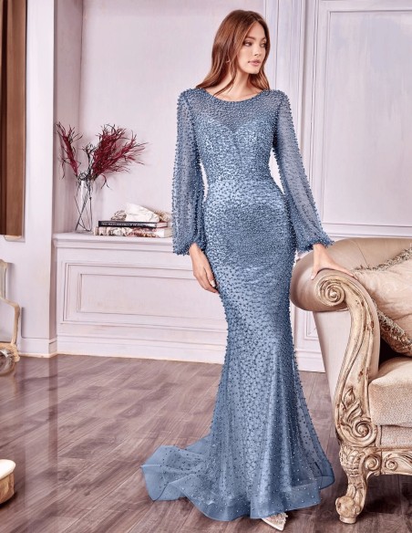 Vestido de fiesta Largo con transparencias cubierto de perlitas Vestido de fiesta Largo con transparencias cubierto de perlitas