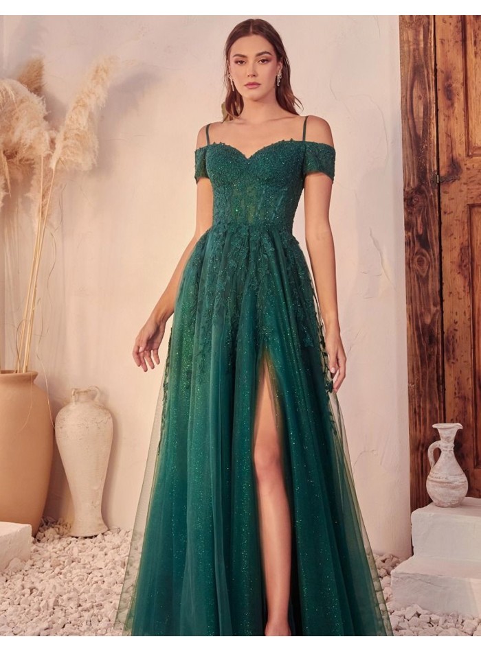 Long party dress with off-the-shoulder neckline and bodice