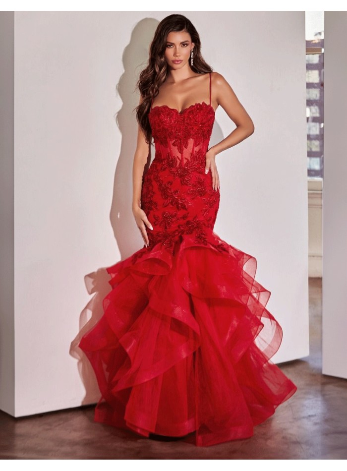 red Flamenco-inspired long gown with ruffles