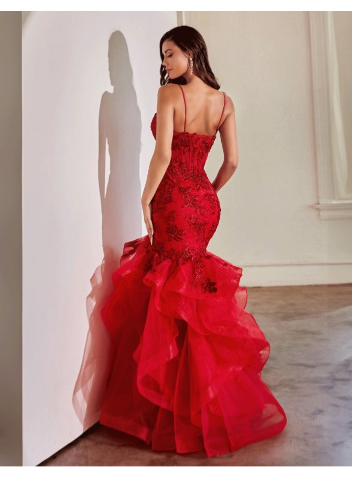 Vestido de fiesta largo inspiración flamenca con volantes rojo