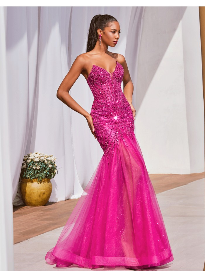 Strapless ball gown with embroidered rhinestones