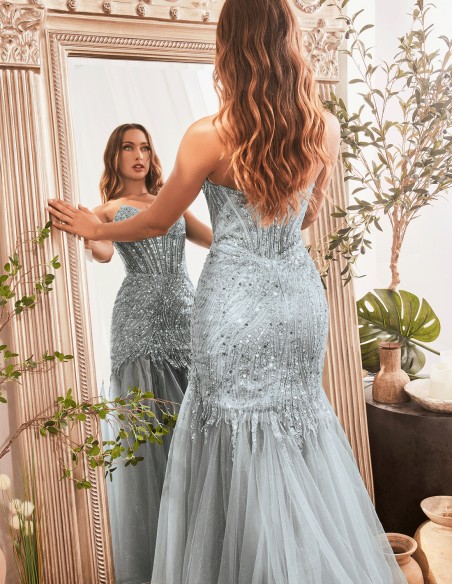 Strapless ball gown with embroidered rhinestones