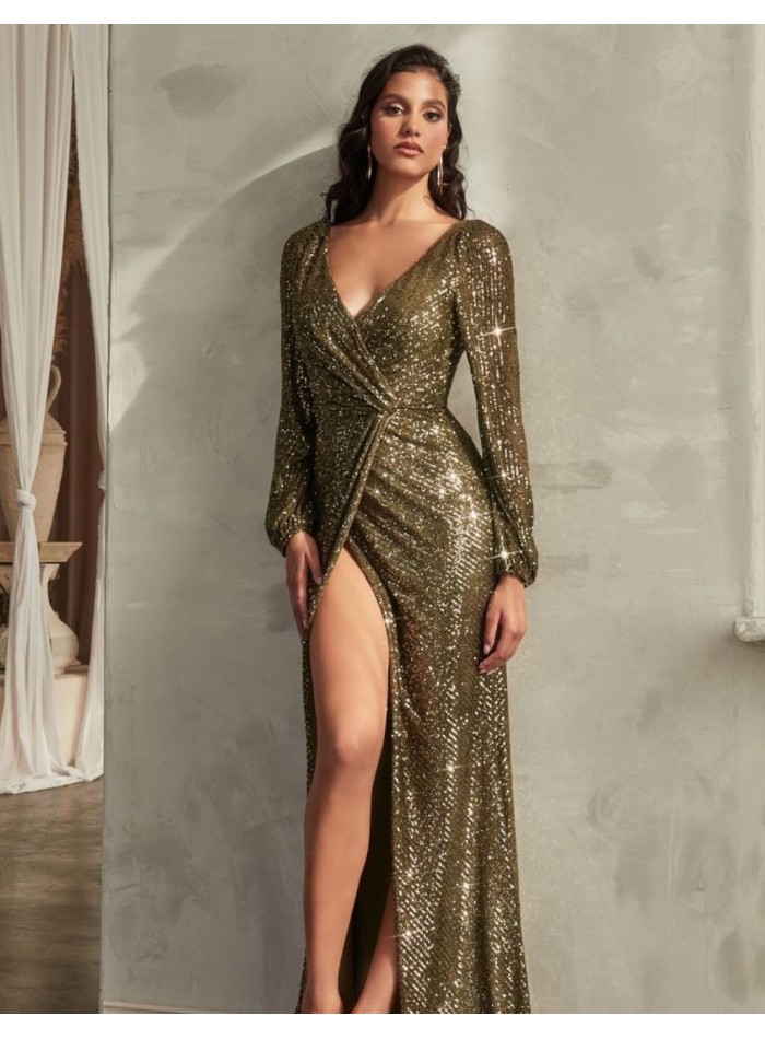 Long glitter party dress with gathering at the waist