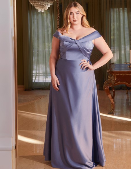 Long satin party gown with a crossover bandeau neckline