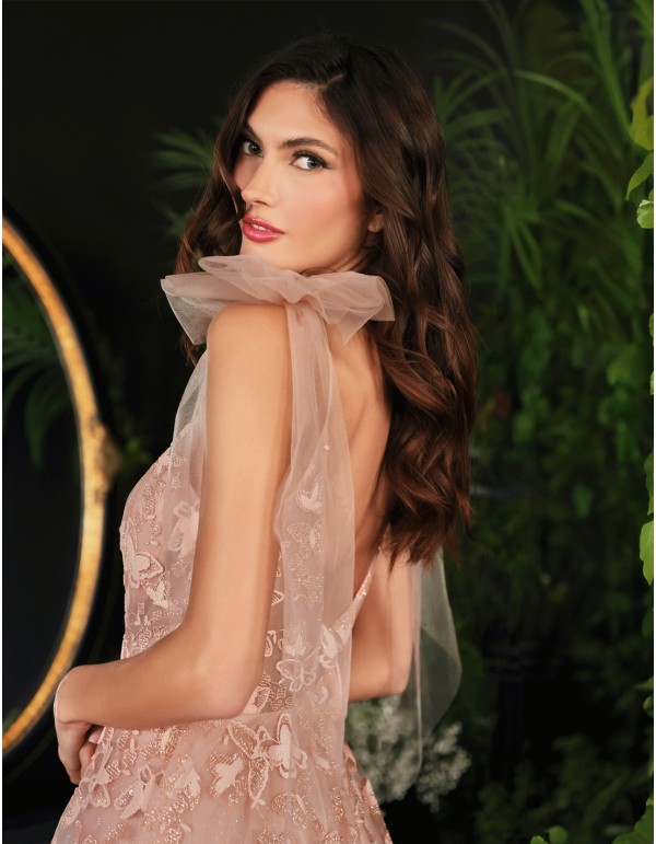 Robe longue de fête en tulle avec bretelles et nœuds...
