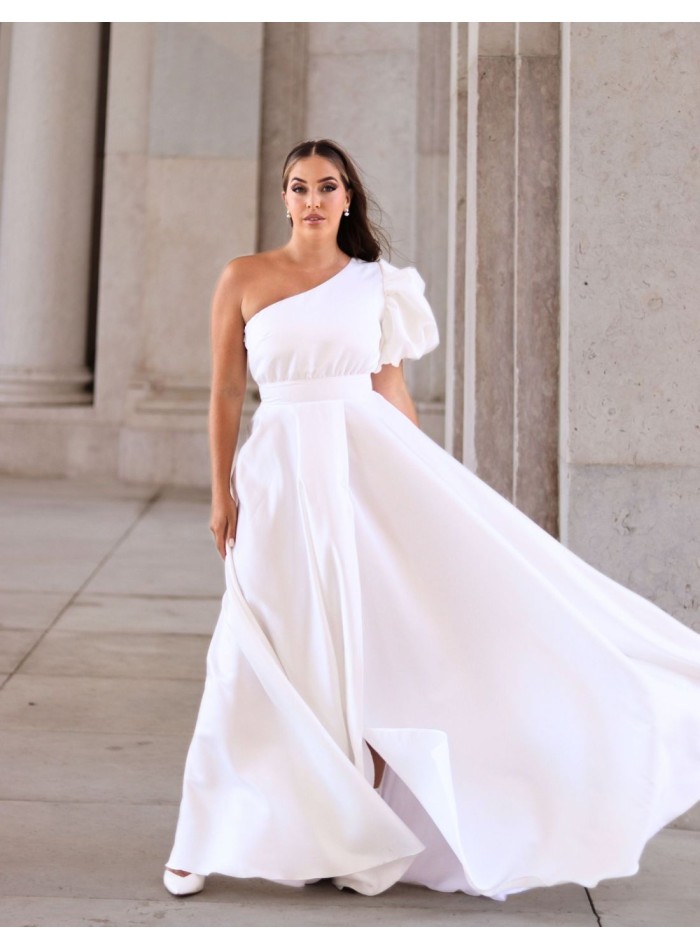 Asymmetric neckline wedding dress with short balloon sleeves