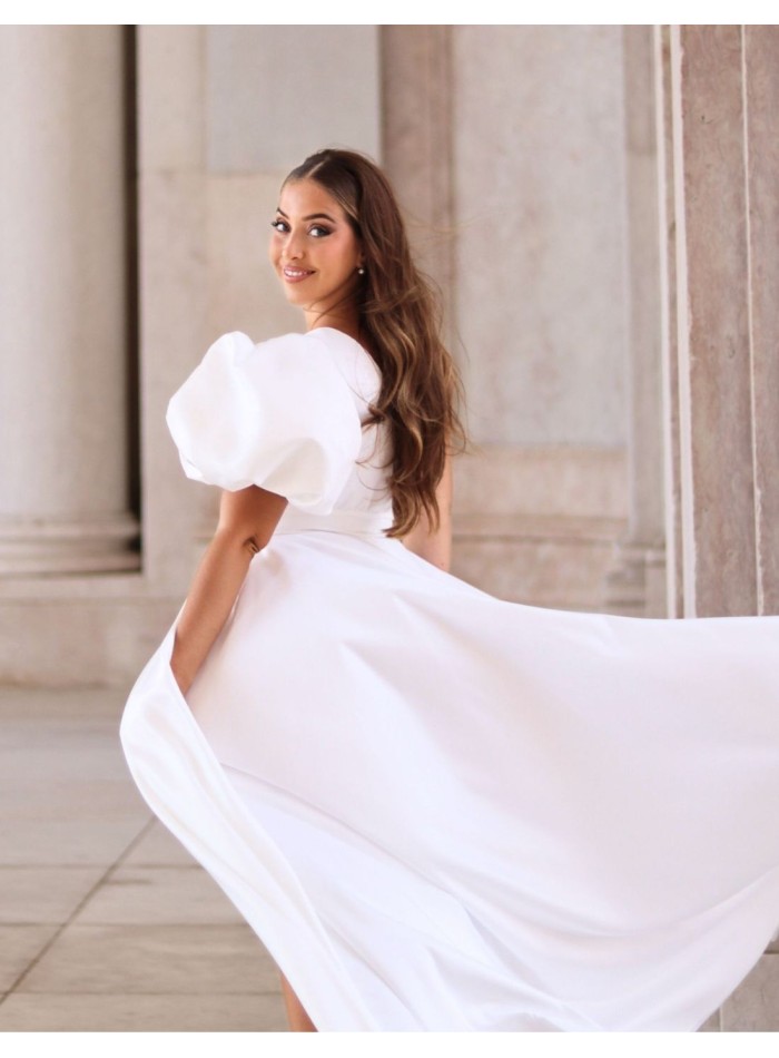 Asymmetric neckline and balloon sleeve wedding dress