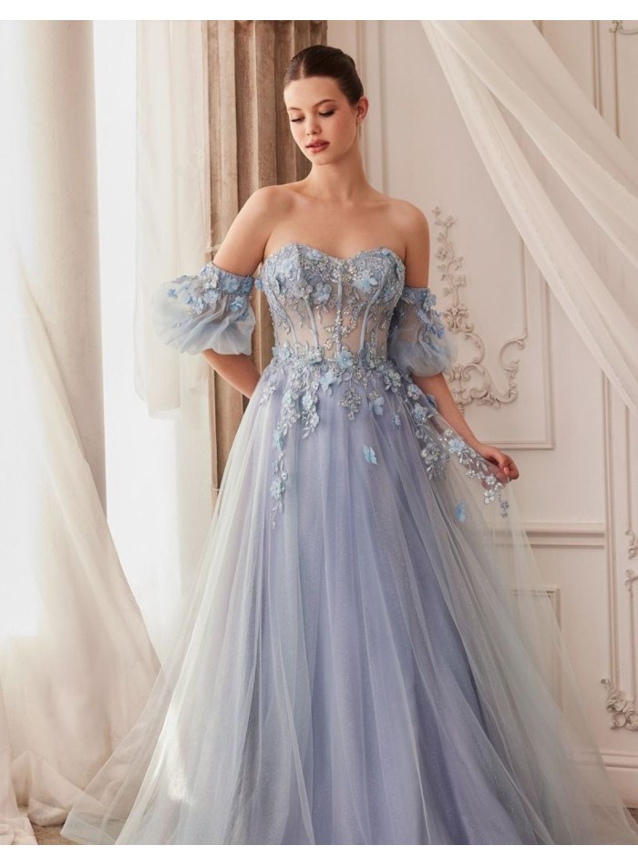 Robe longue avec corset en strass et jupe en tulle