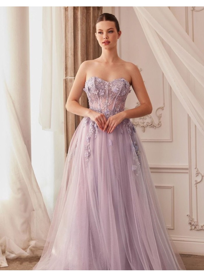 Robe longue avec corset en strass et jupe en tulle