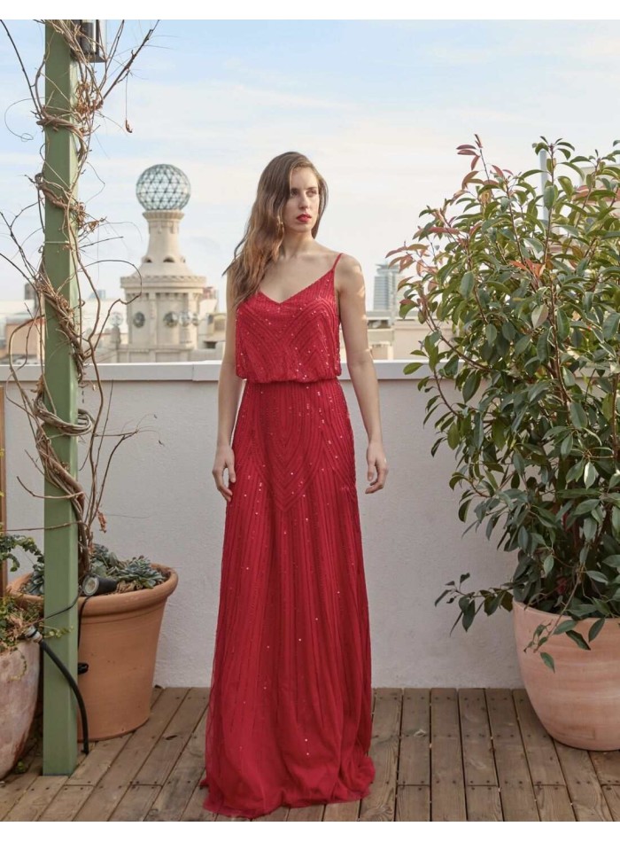 Robe longue de fête avec perles et décolleté dans le dos