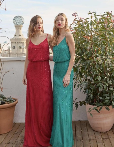 Long party dress with rhinestones and back neckline