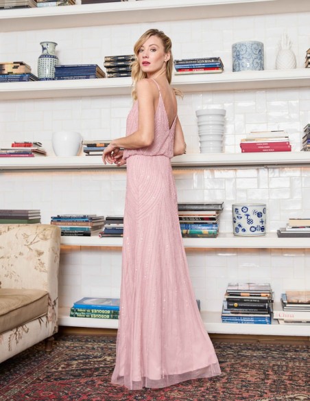 Robe de soirée longue avec strass et décolleté dans le dos