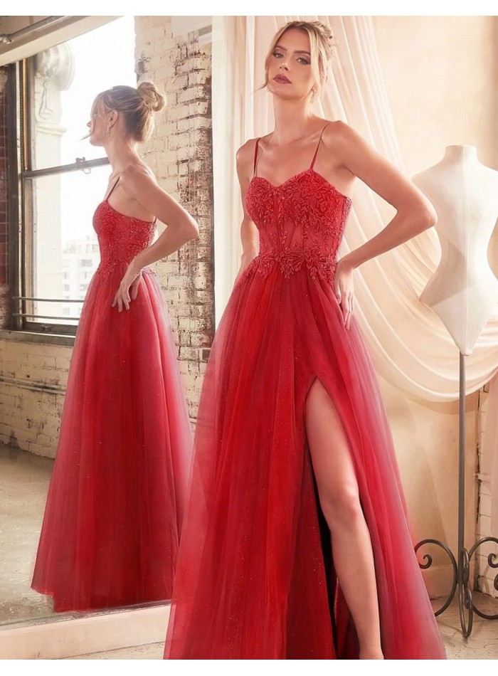 Long party dress with thin strapless bodice and tulle skirt