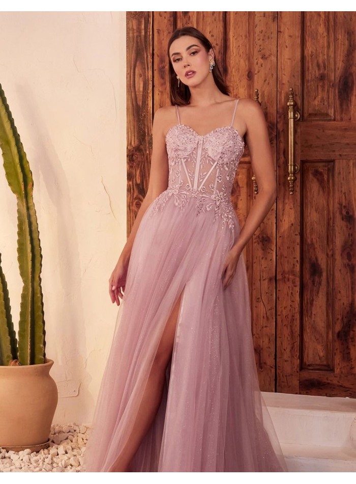 Long party dress with thin strapless bodice and tulle skirt