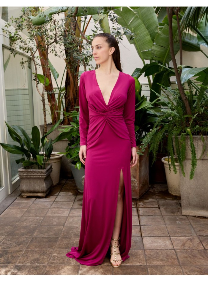 Long party dress with long sleeves and side slit