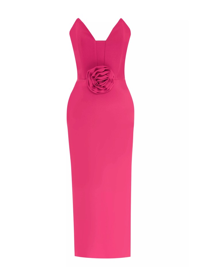 Vestido de cóctel palabra de honor con maxi flor en 3D fucsia